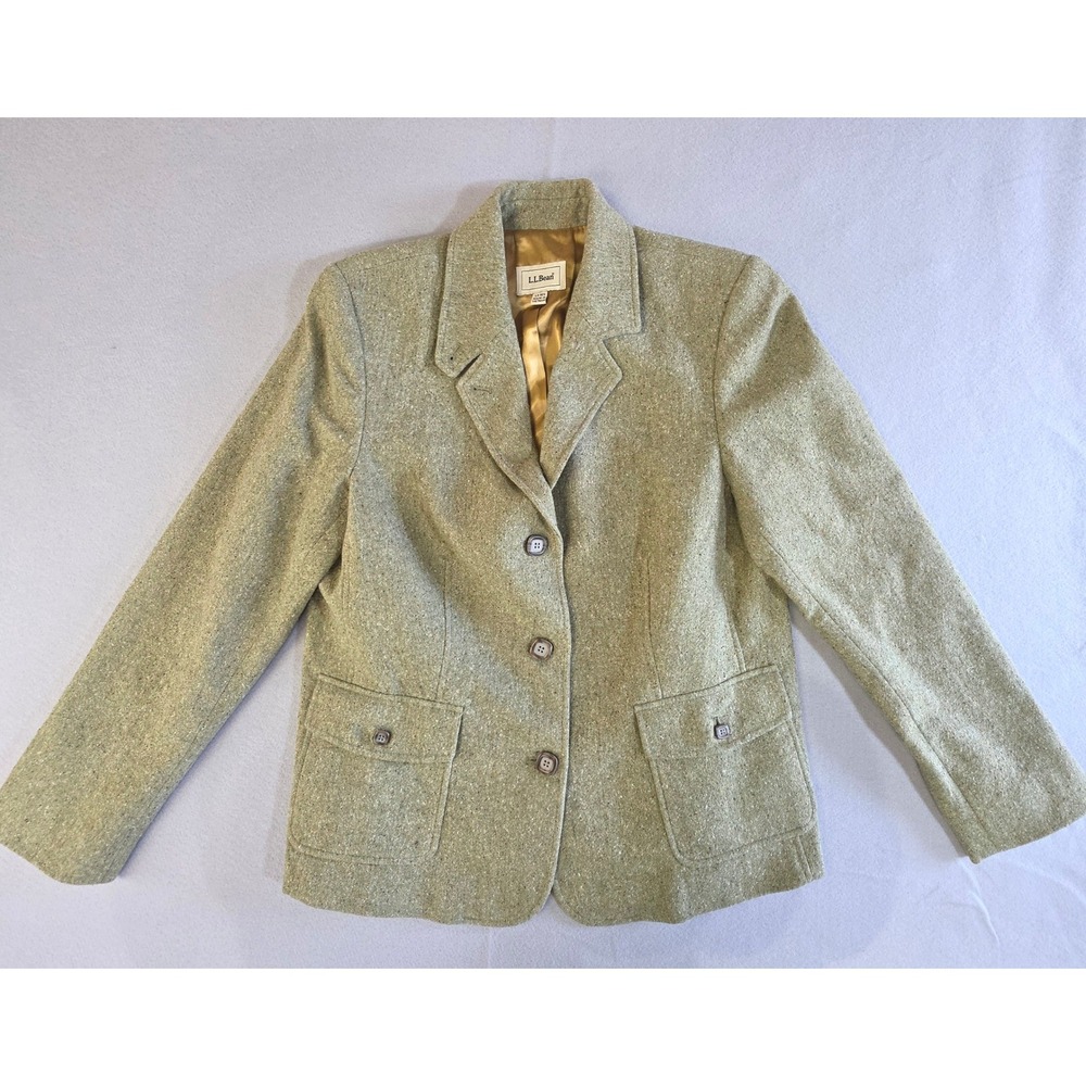L.L. Bean Dark Academia Silk Wool Tweed Blazer Large Silk Heritage Green Jacket